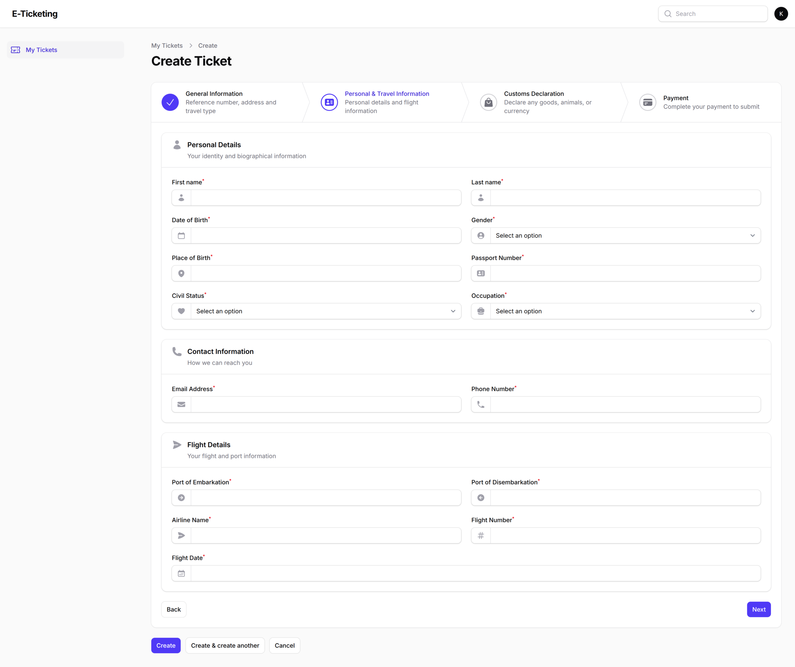 Step 2 of the ticket creation wizard showing personal details, contact information, and flight details fields including passport number, airline name, and flight date
