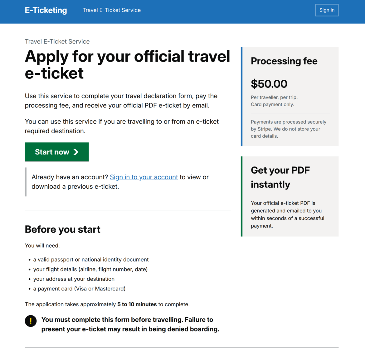 E-Ticketing Platform landing page showing the service overview, processing fee, and step-by-step instructions for completing a travel e-ticket